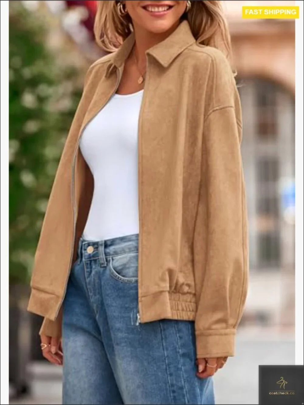 Faux Suede Bomber Jacket Oversized Relaxed Fit Zip Up Casual Outerwear - Picture 3 of 7
